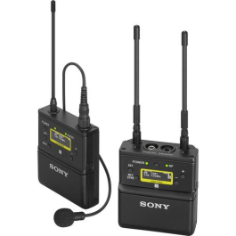 Sistema de micrófono inalámbrico Sony con transmisor y receptor.