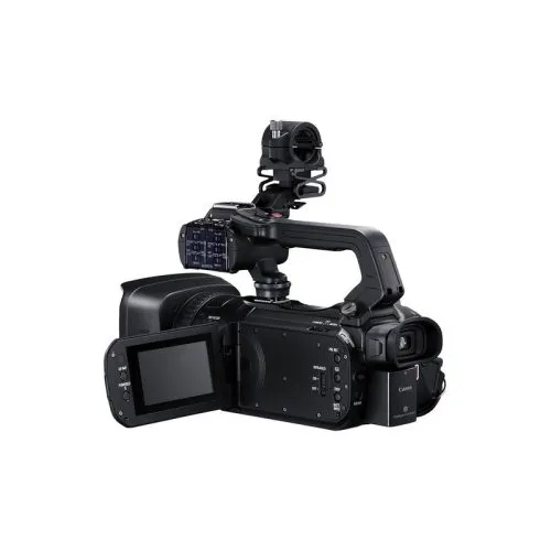 Videocámara profesional con pantalla abatible y micrófono