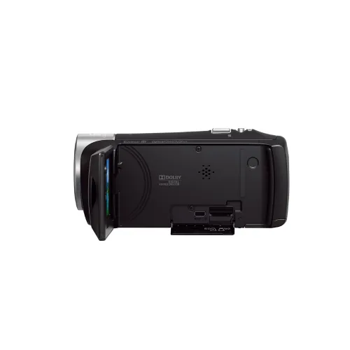 Videocámara digital negra con puertos abiertos