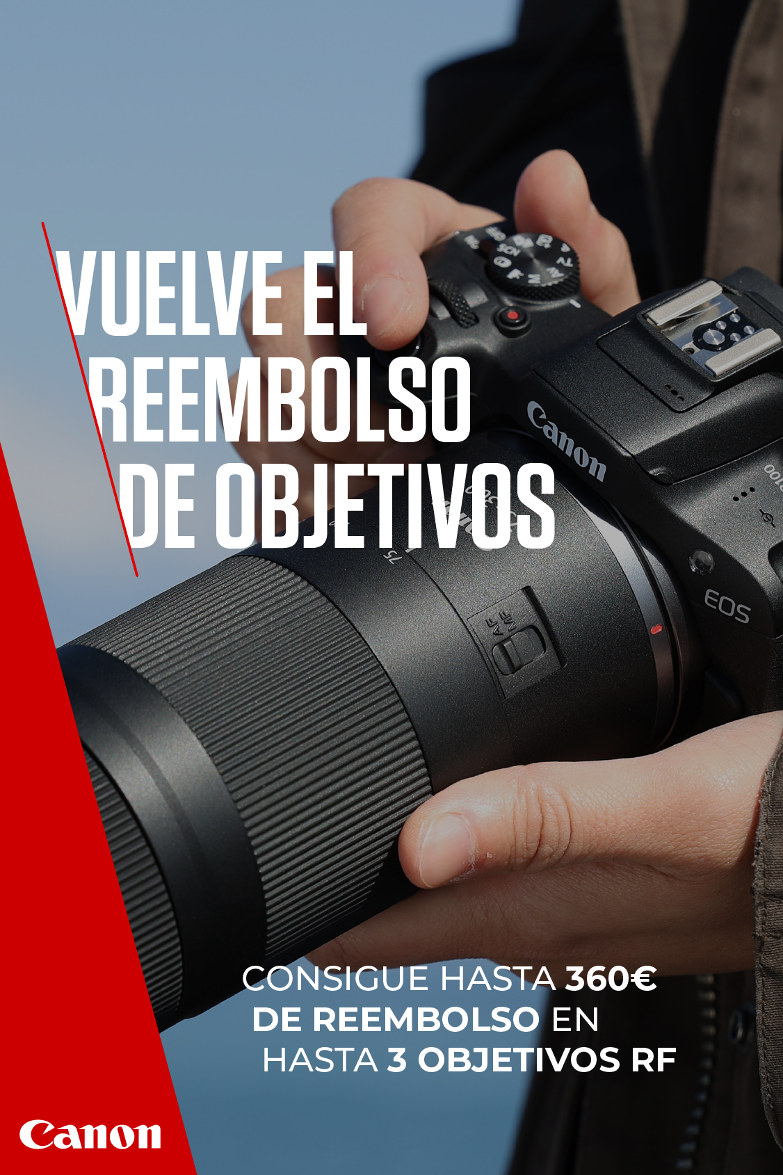 Cámara Canon EOS con objetivo y promoción reembolso