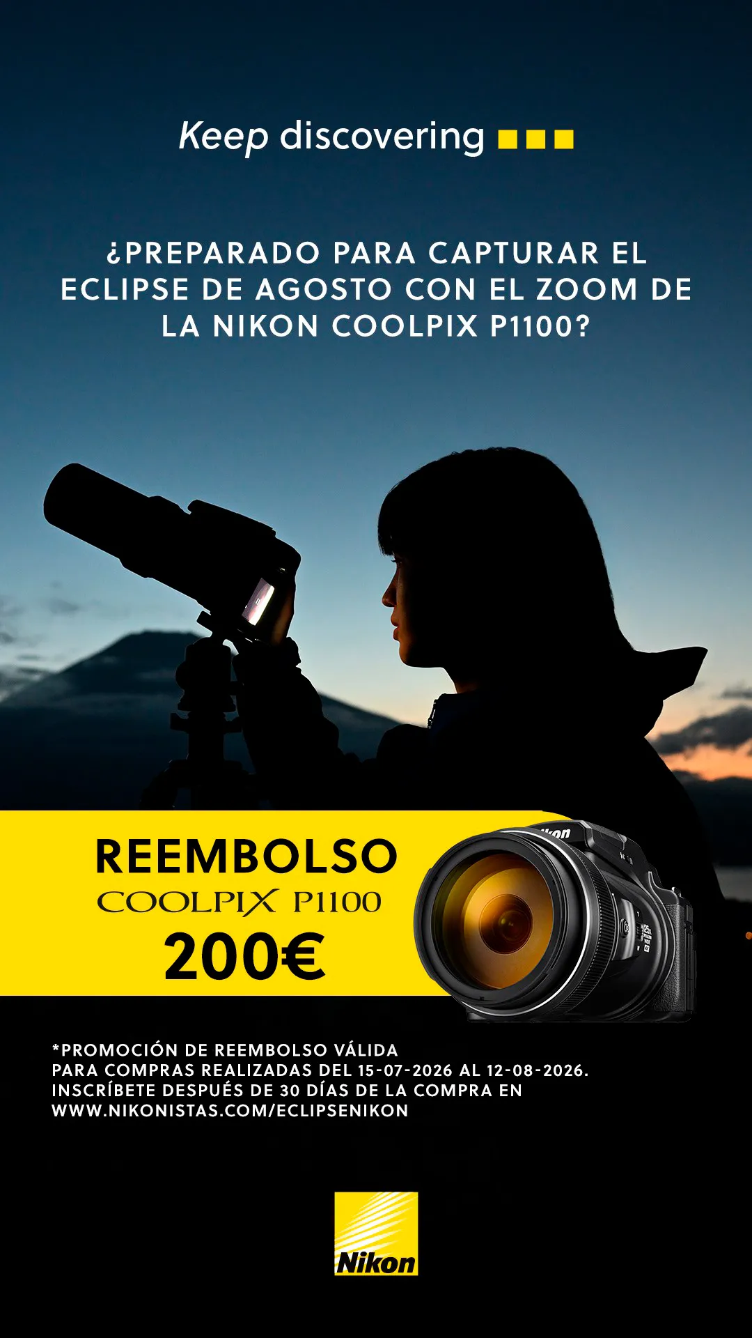 Silueta fotografiando eclipse con Nikon Coolpix P1100