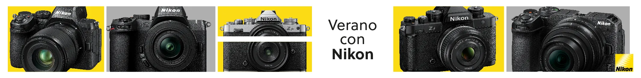 Cámaras Nikon sobre fondo amarillo y gris
